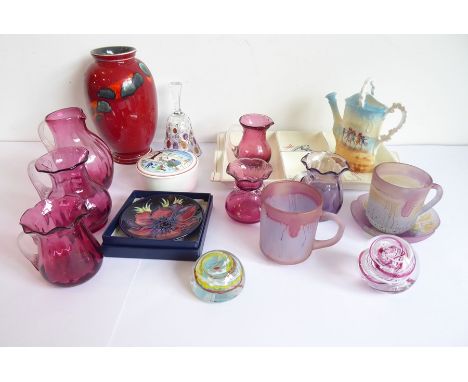 A good selection of ceramics and glassware to include a Poole studio-ware vase, an hors d'oeuvres dish, a boxed Moorcroft tri
