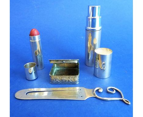 A silver bijouterie group; to include a silver (marked 925) atomiser, a silver lipstick holder, a silver page mark and an Ita