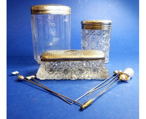 Three varying cut-glass ladies dressing-table requisite jars, together with a small selection of hat pins etc., the jars with