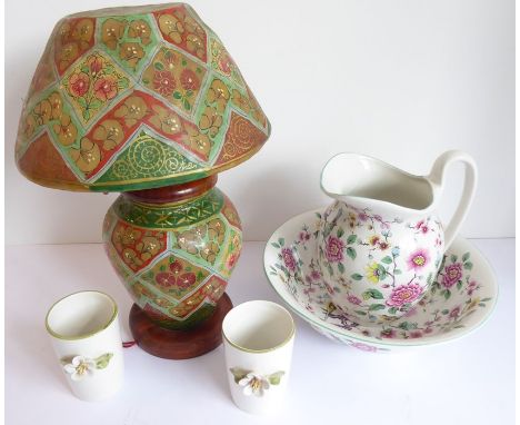 A fine earthernware jug and bowl set by James Kent; together with two Italian pottery tumblers, each encrusted with a single 