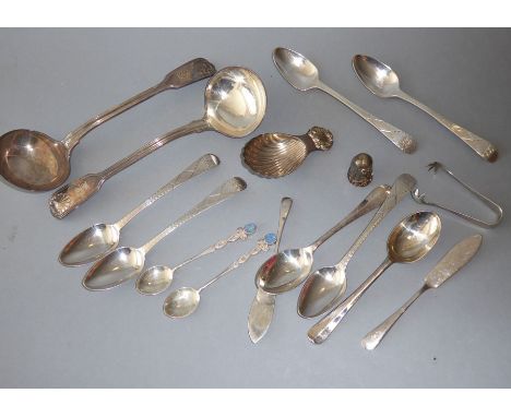 A pair of 19th century silver ladles engraved with armorial crest together with other Georgian silver spoons, a modern shell-