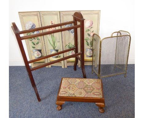 A mixed lot of four comprising an early 20th century walnut stool on cabriole legs, an Edwardian mahogany towel rail, a moder