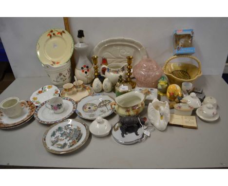 Mixed Lot: Various assorted items to include table lamp, mottled glass light shade, cruet items, pair of brass candlesticks, 