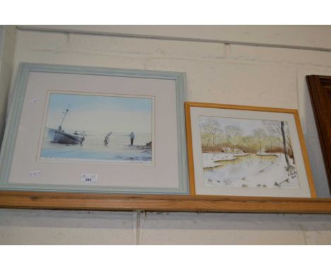 Mixed Lot: Patrick Durrant, coloured print, fishing scene together with a watercolour study of a winter scene (2)