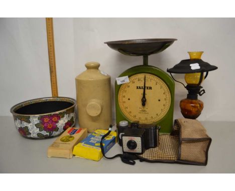 Mixed Lot: Vintage Salter scales, small oil lamp and other assorted items