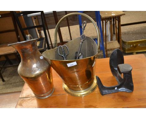 Mixed Lot: Brass coal bucket, fire tools, copper jug, shoe makers last etc