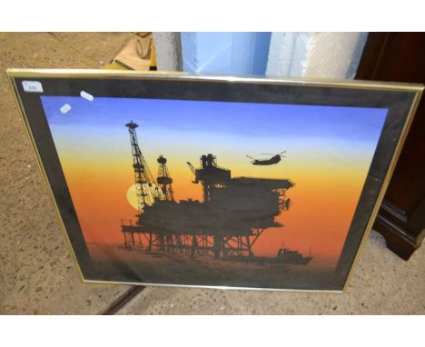 Coloured print of an oil rig, framed and glazed