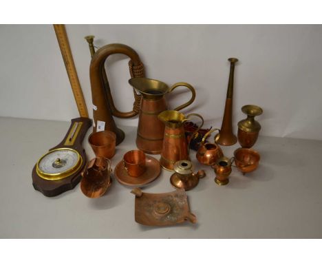 Mixed Lot: Copper bugle, various copper jugs, vases, small barometer etc