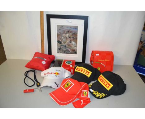 Motor Racing Interest - Coloured print of Victory at Silverstone 2016 together with various Ferrari and other baseball caps, 