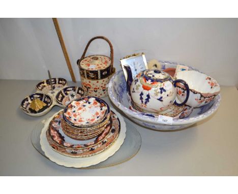 Mixed Lot: Floral decorated washbowl, various Imari style tea wares, biscuit barrell, small mantel clock etc