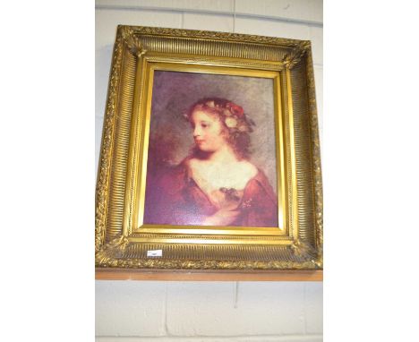 After The Old Master, head and shoulders portrait of a young girl, oleograph print on canvas, gilt framed