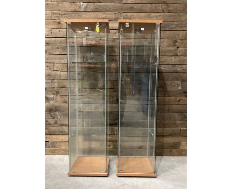 Two Ikea light oak finish illuminated four glass shop display cabinets, with shelves and keysDimensions: Height:&nbsp;163cm&n
