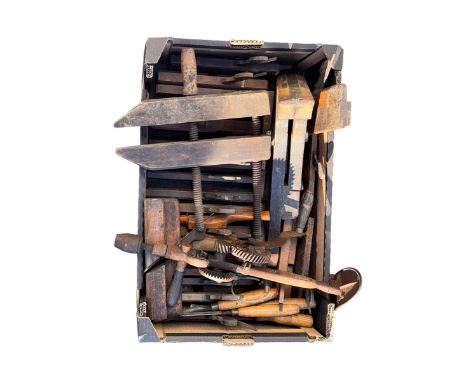 Box of vintage tools - chisels, saw sharpening vice and other
