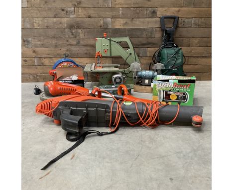 Flymo electric garden vac, DeWalt scroll saw, bench grinder, Polti steam cleaner, extension reel and other tools
