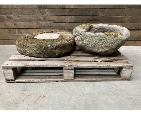 19th century circular stone slab, square stone trough, small cast stone urn, circular lion-mask planter and a painted pot (5)