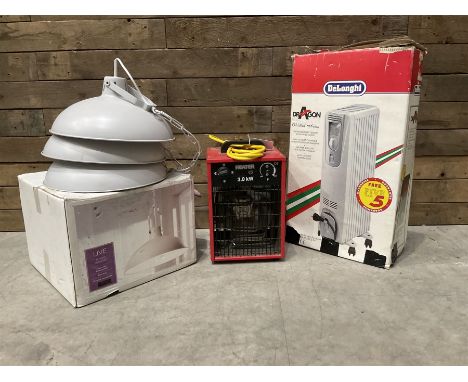 3kw portable heater, DeLonghi oil filled radiator and four dome light fittings