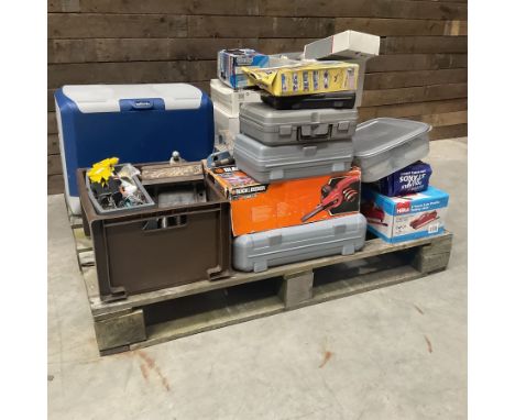 Black &amp; Decker Powerfile, 2t trolley jack, axle stands, bench vice, framing kit, other tools and a Halfords cool box