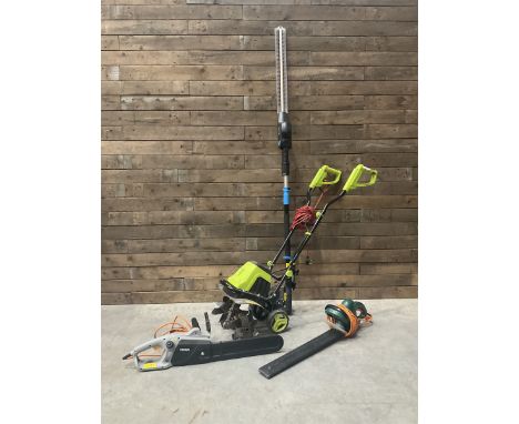 GardenGear electric tiller, MacAllister hedge trimmer, Titan electric chainsaw, and a hedge trimmer