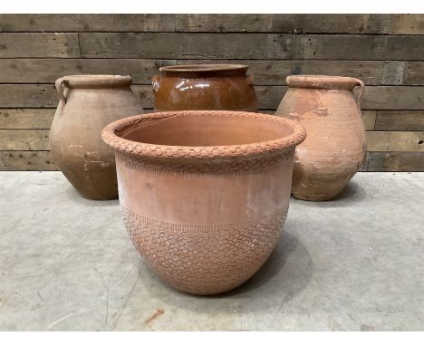 Pair of terracotta water jugs, H46cm, glazed pancheon and a circular planter (4)
