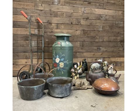 Painted milk churn, four jam pans, copper kettle, cast iron cow, chicken and cat, sack barrow and other garden ornaments (17)