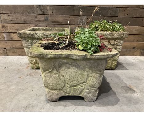 Pair of cast stone pattern tapering square planters, and a similar planter (3)Dimensions: Height:&nbsp;36cm&nbsp; Length/Widt