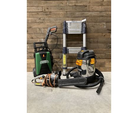 Xtend+Climb telescopic step ladders, Hawksmoor pressure washer, Titan hedge cutter and a Titan vacuum