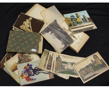 Quantity of vintage continental postcards approx 70, together with an olive wood bound Jerusalem souvenir