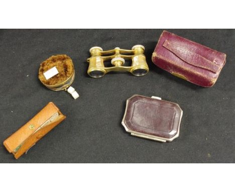 Pair vintage MoP cased opera glasses Mother of Pearl casing to brass frame, in fitted leather case, (worn); together with vin