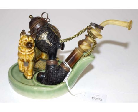 Antique briarwood &amp; bone tobacco pipe briarwood bowl, with brass decoration, and horn mouthpiece, (length 14cm approx); t