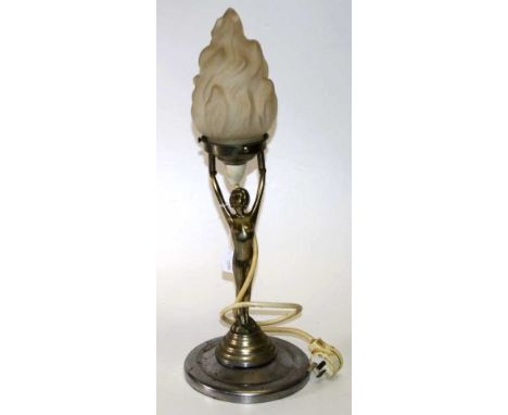Art Deco chrome electric Standing Woman lamp Nude with arms outstretched, holding flamed white glass shade, on circular chrom