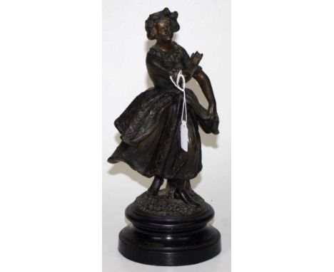 Vintage ceramic dancing woman figure ceramic figure with bronzed type glaze, on circular base, possibly of French origin, (he