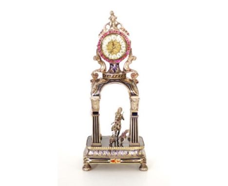 Viennese silver &amp; enamel architectural table clock 19th century, Set with pink stones. Diana and two hounds under portico