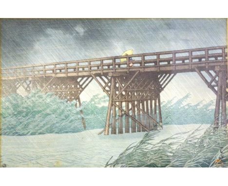 Hasui, Kawase (1883-1957) titled "Evening Shower at Imari Bridge", woodblock print, signed in characters in the image lower r