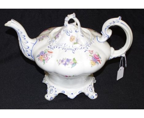 Victorian Coalport ceramic teapot hand painted floral decoration, on quad-footed base, pattern # 313 marked to base, circa 18