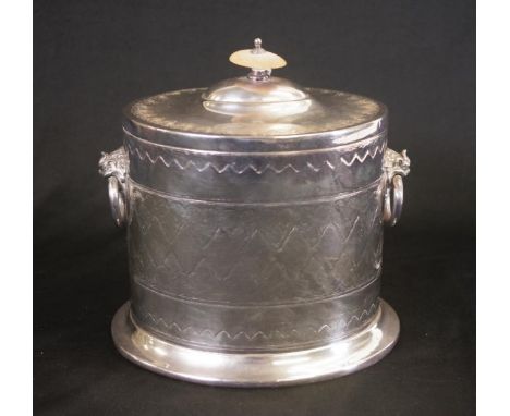 Vintage silver plate biscuit barrel engraved decoration, pair ring handles, marked to base S &amp; F, # 838, (height 18cm app