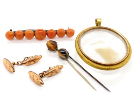 A good group of antique and 20 th C. jewellery includes tigers eye and base metal stick pins, a gilt metal portrait miniature
