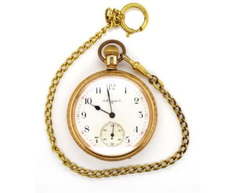 Elgin gold plate open face pocket watch white enamel dial with black Arabic numerals and subsidiary seconds dial. Stem wind. 