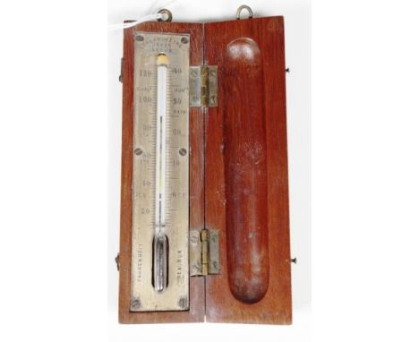 Victorian wood cased thermometer in fitted wood case, with calibrated metal plate indicating degrees in fahrenheit and reaumu