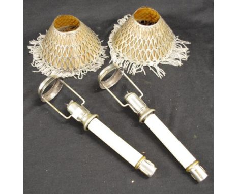 Pair antique silver plate candle shades includes 2 enamel candle holders, together with 2 pierced silver plate shades, and 2 