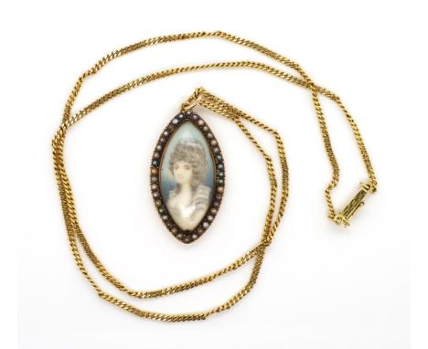 Antique portrait miniature pendant on a gold chain the pendant is probably 18th C. with a seed pearl set surround and of nave