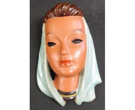 Vintage Goldscheider Germany ceramic head Portrait of a Woman with Green Scarf, marked verso, and includes original Goldschei