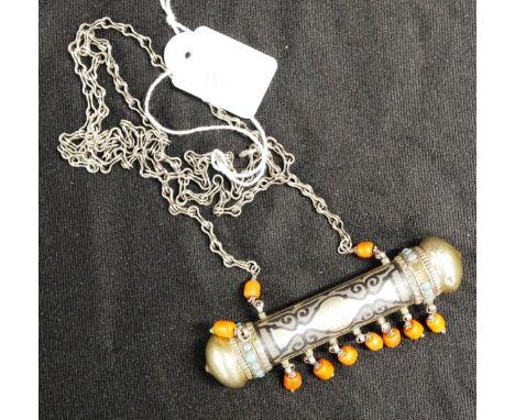 Islamic silver stone set niello Hirz amulet carnelian and turquoise set, to niello decorated amulet, on silver link chain, (w