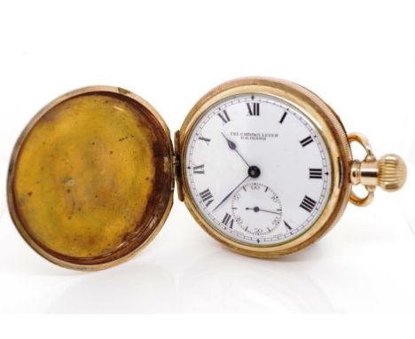 Rolled gold full hunter pocket watch white enamel dial with black Arabic numerals and subsidiary seconds dial. Stem wind. 51m