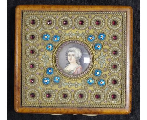 Good vintage stone set burr walnut cigarette case bead and stone set lid, with central portrait miniature, opening to burr wa
