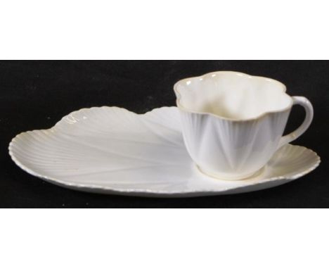 Vintage Shelley 'Dainty' tennis teacup &amp; saucer white ceramic, marked to base, 'late Foley,' and Reg No 272101.