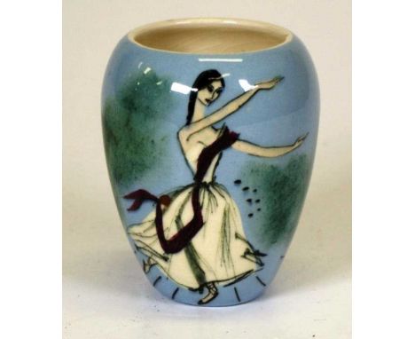 Martin Boyd hand painted ceramic posy vase painted  decoration of a dancer, on blue ground, inscribed signature to base, (hei