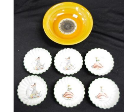 Vintage Shelley ceramic strainer yellow glaze ceramic bowl, marked to base, (diameter 19.5cm approx); together with set 6 She