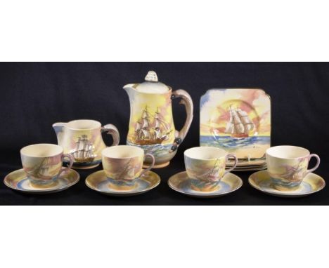 Doulton fourteen piece 'Famous Ships' part tea set pattern D5957, including 4 trios, cream jug, and coffee pot.