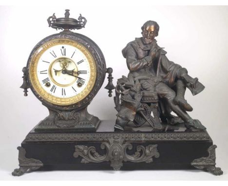 Ansonia MacBeth figural spelter mantle clock with 8 day striking movement, pendulum included, on a metal base, 35cm high