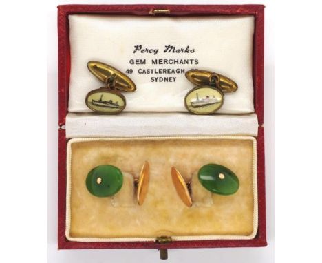 Two pair of cufflinks includes a pair of 9ct rose gold and nephrite jade chain links, as well as a enamel pair depicting a st